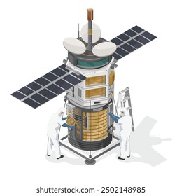 engineer satellite building team spacecraft technician career cartoon  isometric isoleted