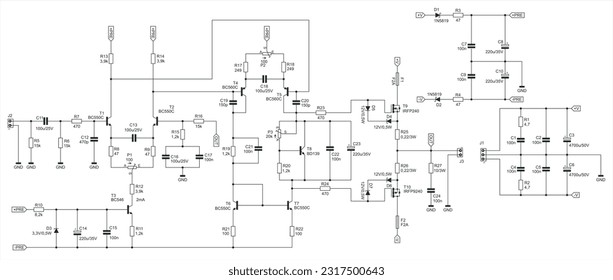 Engineer scheme of electronic device. 
Vector drawing electrical circuit with 
resistor, capacitor, diode, transistor,
connector
and other components.
Schematic background on white paper sheet. 