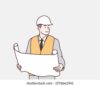 engineer see project holding with paper. Hand drawn style vector design illustrations.