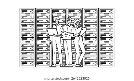 engineer server room staff vector. support manager, analyst consultant, architect operator engineer server room staff character. people black line pencil drawing illustration
