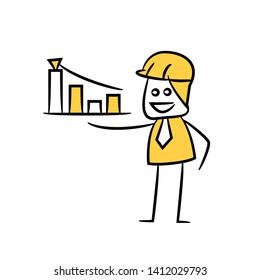 engineer showing bar chart icon stick figure yellow theme