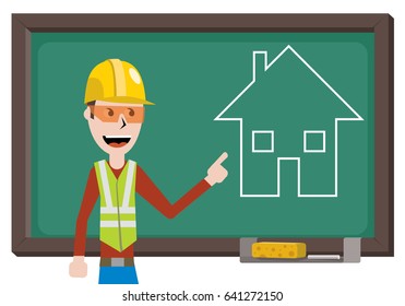 an engineer showing drawn house on blackboard