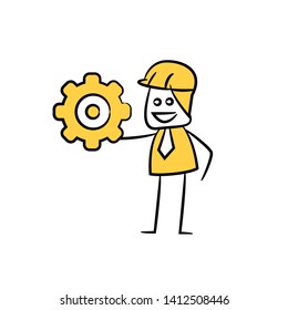 engineer showing gear icon stick figure yellow theme