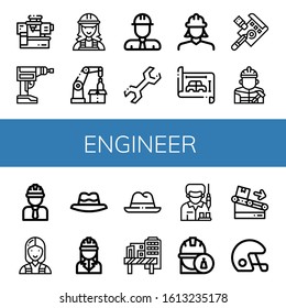 engineer simple icons set. Contains such icons as Machinery, Driller, Electrician, Robotic arm, Engineer, Wrench, Blueprint, Draft, Builder, can be used for web, mobile and logo
