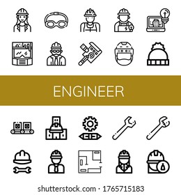engineer simple icons set. Contains such icons as Architect, Helmet, Goggles, Foreman, Worker, Draft, Electrician, Architecture, Hat, Conveyor, can be used for web, mobile and logo