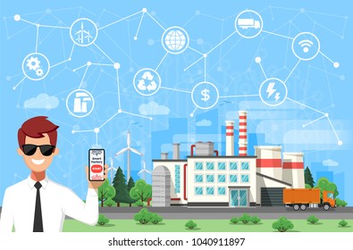 Engineer and smart factory concept. Industrial internet of Things. Sensor Network. Modern digital factory.