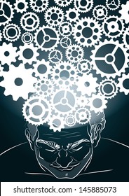 engineer smart man, education symbol for science mind, gears brains, vector abstract illustration