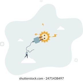 engineer solar technology worker holding electric plug to plug into the sun idea to get sustainable electricity.flat vector illustration.