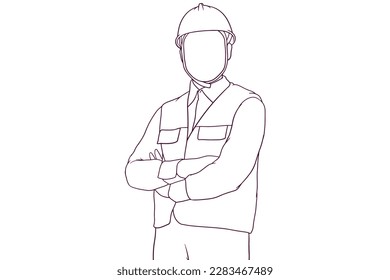 engineer standing with arms crossed hand drawn vector illustration