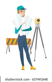 Ingenieur mit Bauplan auf Baustelle. Ingenieur, der einen gedrehten Entwurf auf dem Hintergrund von Straßensperren und Theodolite hält. Vektorgrafik mit flachem Design, einzeln auf weißem Hintergrund