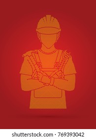 Engineer standing with hammer and pliers cartoon designed using dots pixels graphic vector