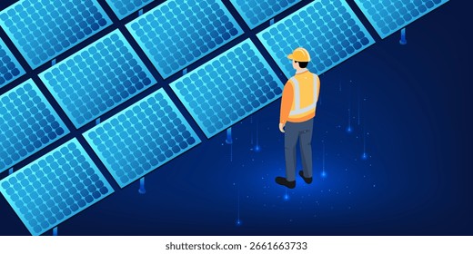 Engenheiro ao ar livre inspecionando painéis solares com prancheta, simbolizando tecnologia de energia limpa, soluções de energia verde e desenvolvimento de energia sustentável