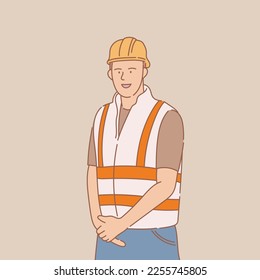 engineer standing with yellow helmet and safety jacket with outline or line and clean simple style