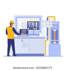 An engineer stands before a large control panel with multiple screens displaying graphs and data Industrial equipment surrounds the engineer indicating a monitoring or control room Vector illustration