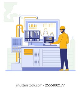 An engineer stands before a large control panel with multiple screens displaying graphs and data Industrial equipment surrounds the engineer indicating a monitoring or control room Vector illustration