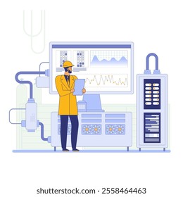 An engineer stands before a large control panel with multiple screens displaying graphs and data Industrial equipment surrounds the engineer indicating a monitoring or control room Vector illustration