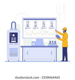 An engineer stands before a large control panel with multiple screens displaying graphs and data Industrial equipment surrounds the engineer indicating a monitoring or control room Vector illustration