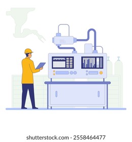 An engineer stands before a large control panel with multiple screens displaying graphs and data Industrial equipment surrounds the engineer indicating a monitoring or control room Vector illustration