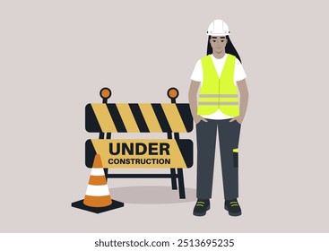 An engineer stands confidently beside construction barricades, ensuring safety protocols are followed while overseeing the ongoing building project under the bright sun of a productive day
