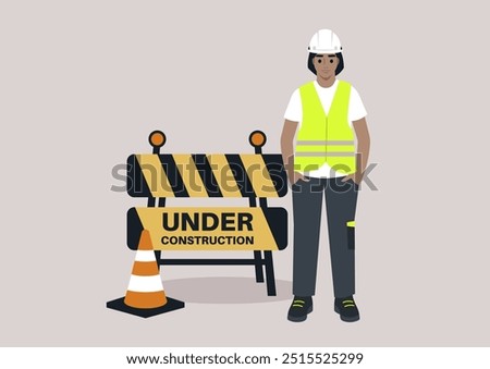 An engineer stands confidently beside construction barricades, ensuring safety protocols are followed while overseeing the ongoing building project under the bright sun of a productive day