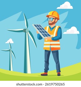 An engineer stands inspecting the work in the middle of a windmill field with solar panels. Clean energy concept.