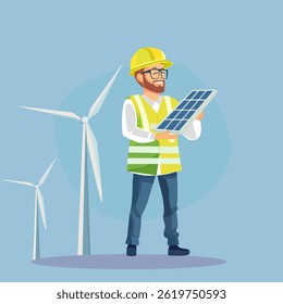 An engineer stands inspecting the work in the middle of a windmill field with solar panels. Clean energy concept.