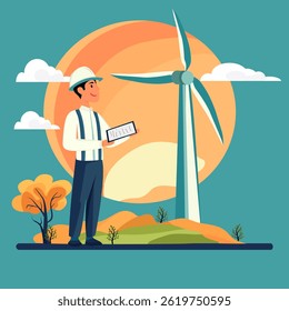 An engineer stands inspecting the work in the middle of a windmill field with solar panels. Clean energy concept.