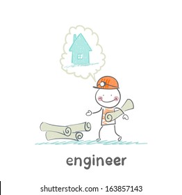 engineer stands near the drawings and thinking about home
