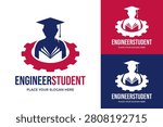 Engineer student logo design template. Graduation cap, book and gear icon suitable for mechanic academy, industrial school, or technical college.