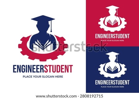 Engineer student logo design template. Graduation cap, book and gear icon suitable for mechanic academy, industrial school, or technical college.