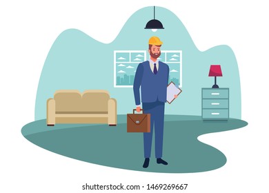 Engineer with suit and helmet holding briefcase cartoon inside house with furniture ,vector illustration graphic design.