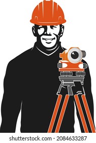 Engineer surveyor in a protective helmet with a geodetic device. Construction optical measuring device. Geodesy and land surveying