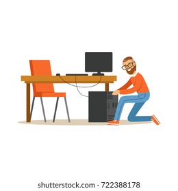 Engineer system IT administrator at work, networking service vector illustration