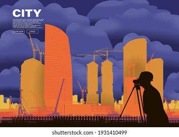 An engineer takes measurements against the background of a high-rise complex under construction. Vector banner