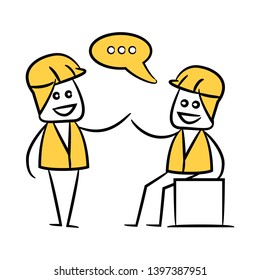 engineer talking and consulting with colleague yellow doodle and stick figure design