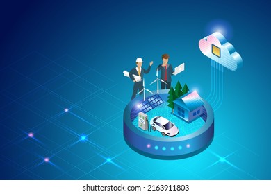 Engineer team discuss on alternative consumption energy in sandbox technology and cloud computing system to reduce carbon emissions. For sustainable positive ecology and environment. 