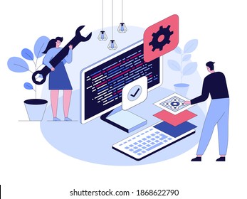 Engineer team programming at huge laptop and testing code. Woman developer holding wrench, programmer optimizes software, configures and develops programs or products. Vector character illustration