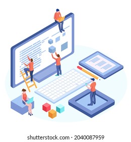 Engineer team at project development, template for developer. Coding develop,  programmer at computer or workstation for business. Concept with character, flat isometric vector illustration