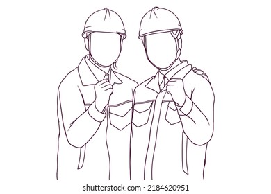 engineer team showing success gesture hand drawn style vector illustration