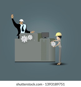 Engineer team wearing helmet and they are repairing machine.