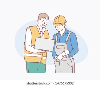 Engineer team working by laptop computer. Hand drawn style vector design illustrations.