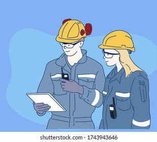 Engineer team working by laptop computer. Engineering concept. Hand drawn in thin line style, vector illustrations.