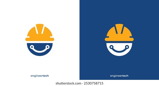 Engineer Tech Logo. Construction Helmet and Circuit Technology with Minimalist Style. Engineering Smile Logo, Icon, Symbol, Vector, Design Inspiration.