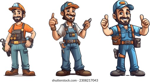 Engineer technician cartoon character, set of vector illustration. 