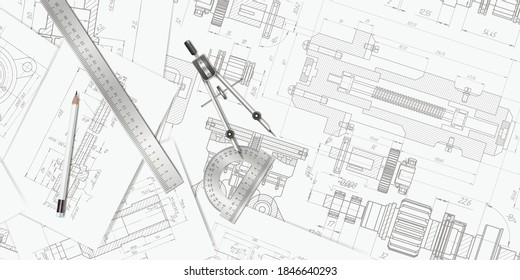 Engineer technician designing drawings.Top view of drawing tools .Mechanical Engineering background.Vector illustration.	