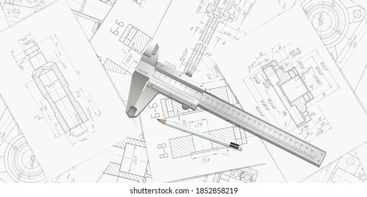 Engineer technician designing drawings.Top view of drawing tools .Mechanical Engineering background.Vector illustration.	