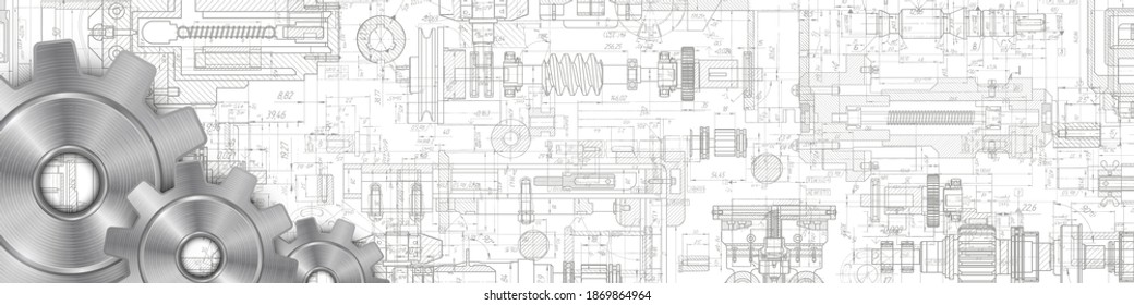 Engineer technician designing drawings.Metal gears .Technical drawing background .Rotating mechanism of round parts .Vector illustration.