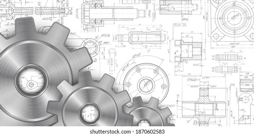 Engineer technician designing drawings.Metal gears .Technical drawing background .Rotating mechanism of round parts .Vector illustration.