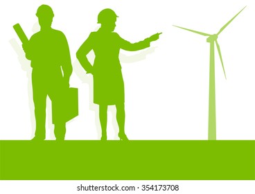 Engineer technician green energy wind turbine power generator station background vector concept