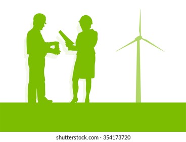Engineer technician green energy wind turbine power generator station background vector concept